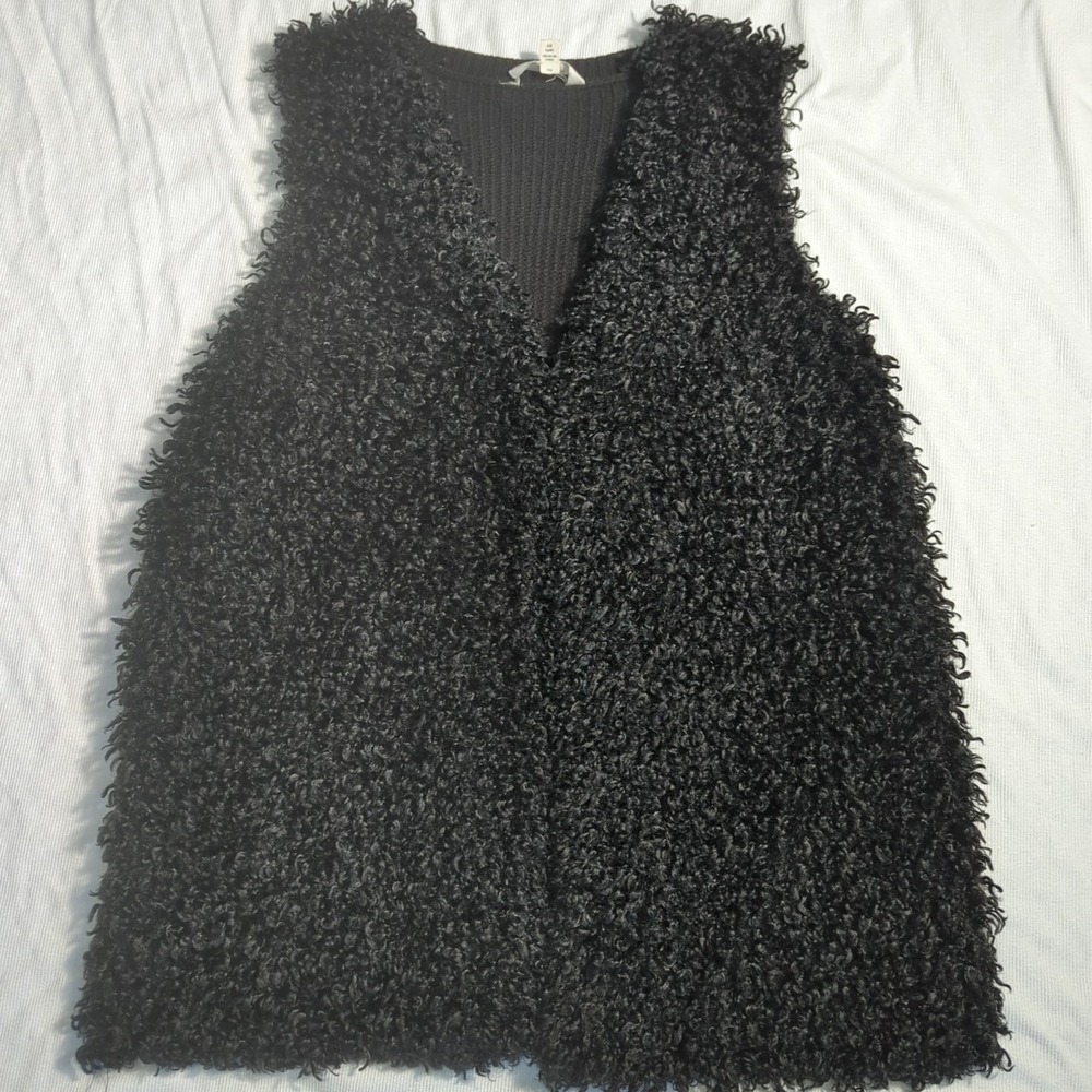 Terra & Sky Women's 0X 14 Black Faux Curly Fur  Open Front Sweater Back Vest 394
